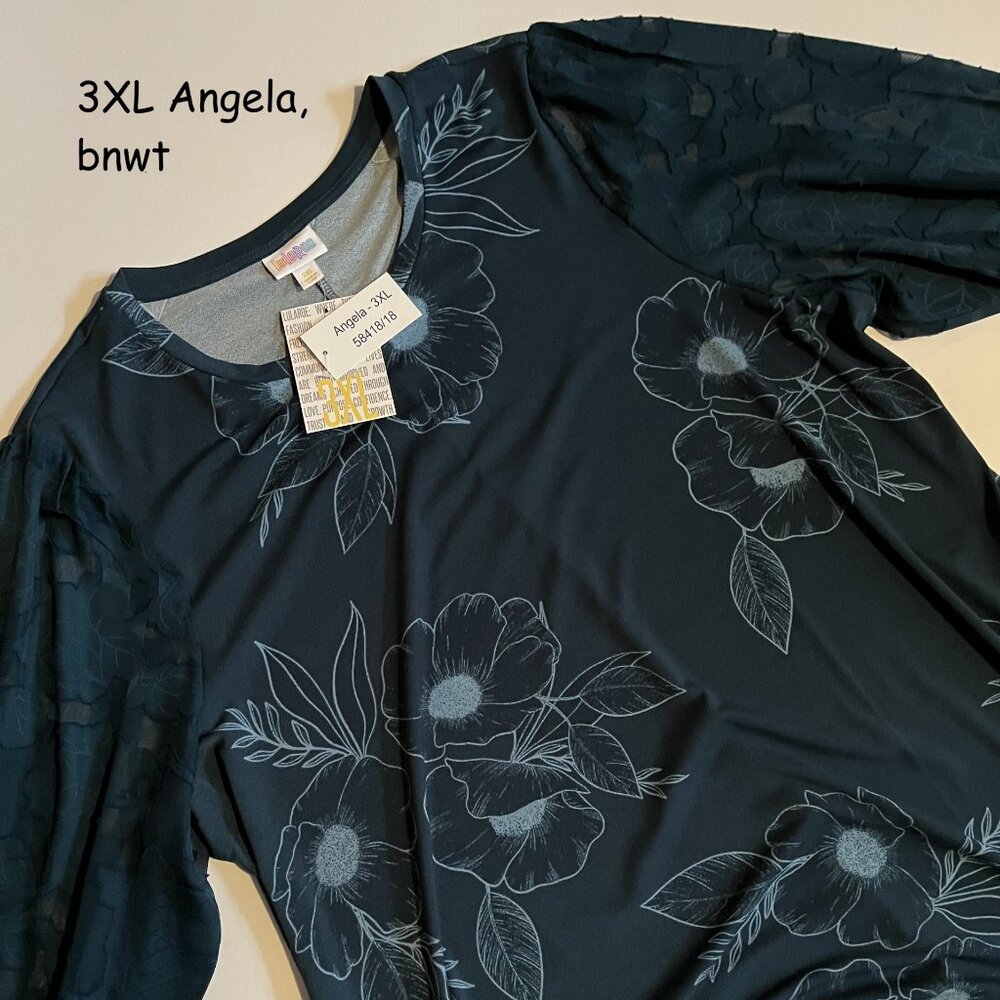 3XL Lularoe Angela mixed media dress, teal with flowers, sheer applique sleeves